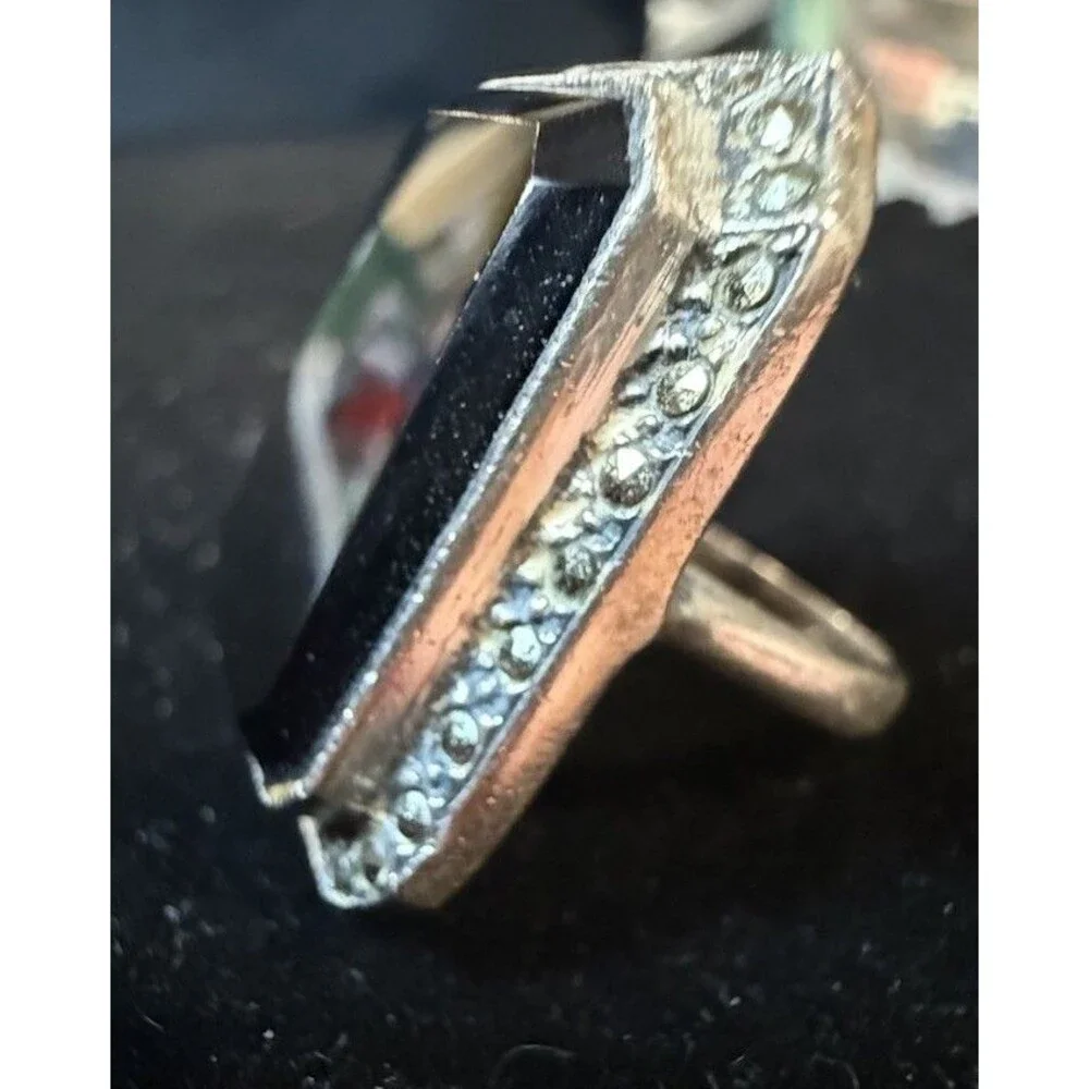 Vintage Large Oversized Emerald Cut Onyx Marcasite Statement Ring 925 Size 6